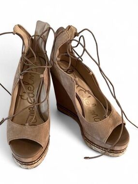 Sam Edelman Tan Suede Lace-Up Wedge Sandals